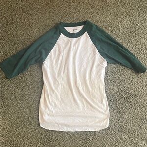 Soffe Youth Small (8) White Baseball Tee with Dark Green Raglan Sleeves